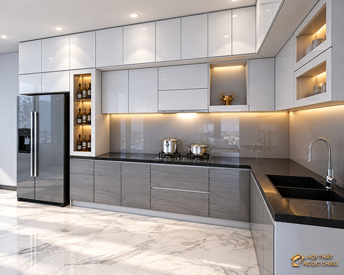 Tủ bếp nhựa Acrylic chữ L nhà em Cường tại Sóc Sơn